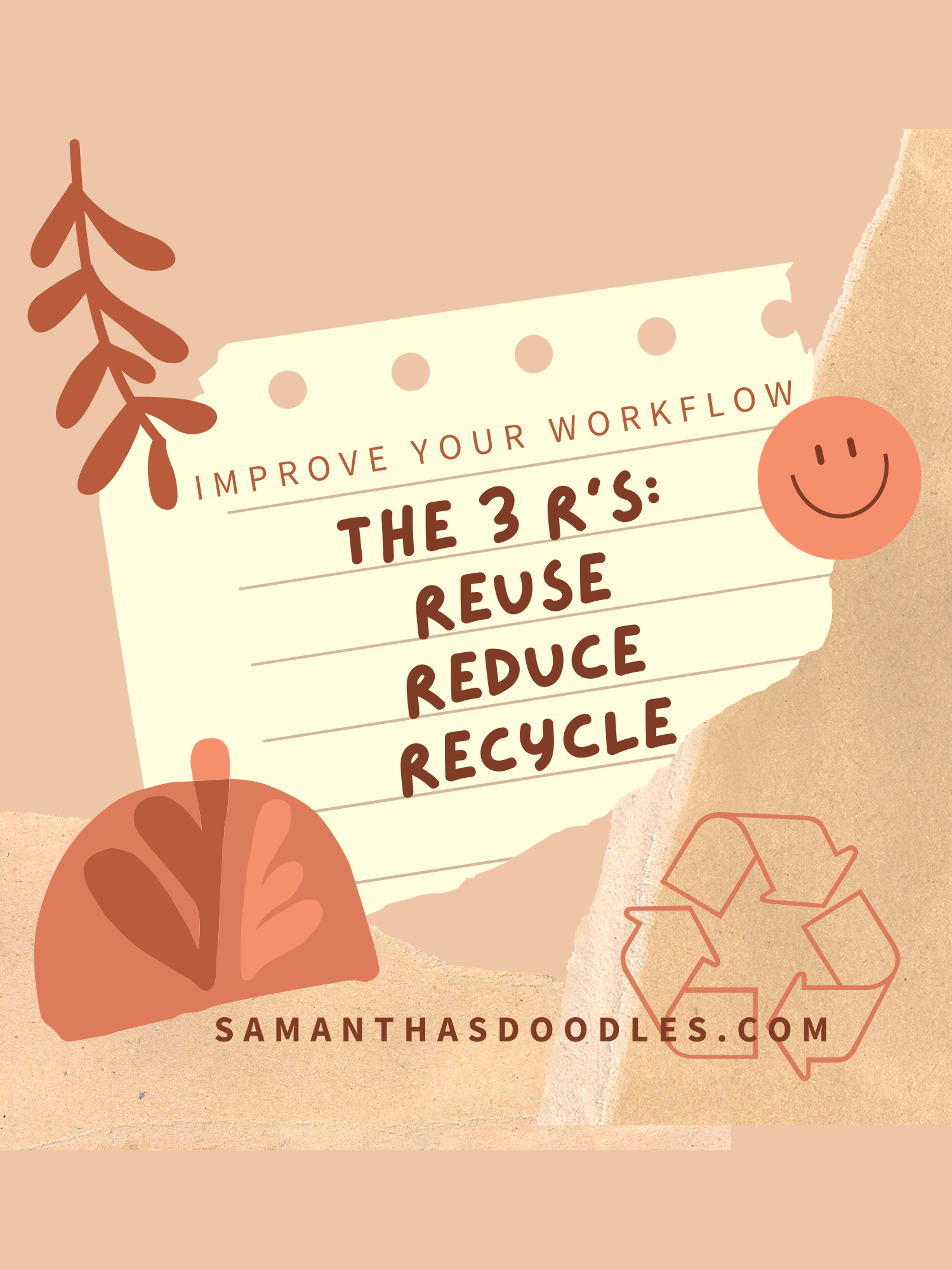 a beige and orange graphic that says "improve your workflow - the 3 R's: reuse reduce recycle" 