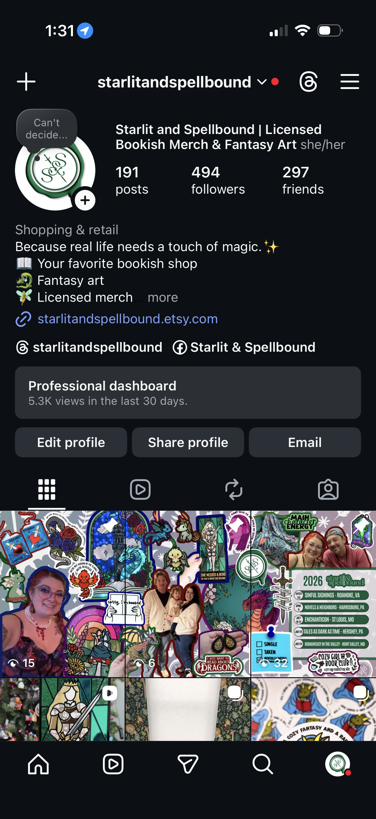 Image showing a screenshot of Starlit & Spellbound's instagram profile, with a faux banner created by pinning 3 images at the top of the page.